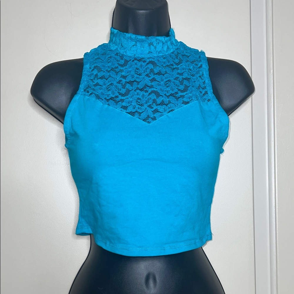 Chic Blue Lace High Neck Crop Top